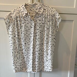 LOFT White Cap-Sleeve Blouse with Black Dot Print